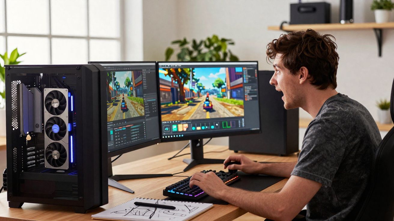 Jovem entusiasmado a jogar videojogo de corrida em computador com dois ecrãs num escritório moderno.