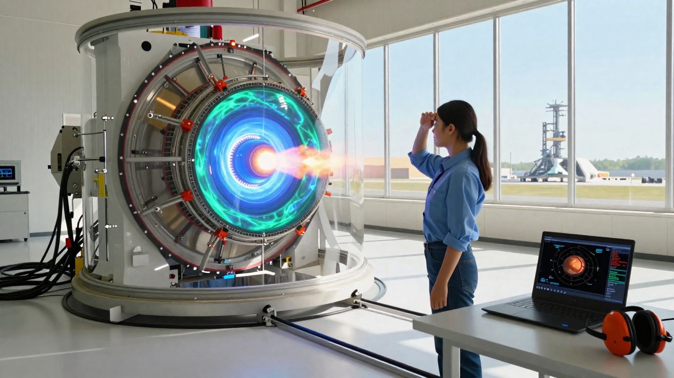 Mulher observa máquina futurista ativar energia azul com fogo num laboratório moderno e iluminado.