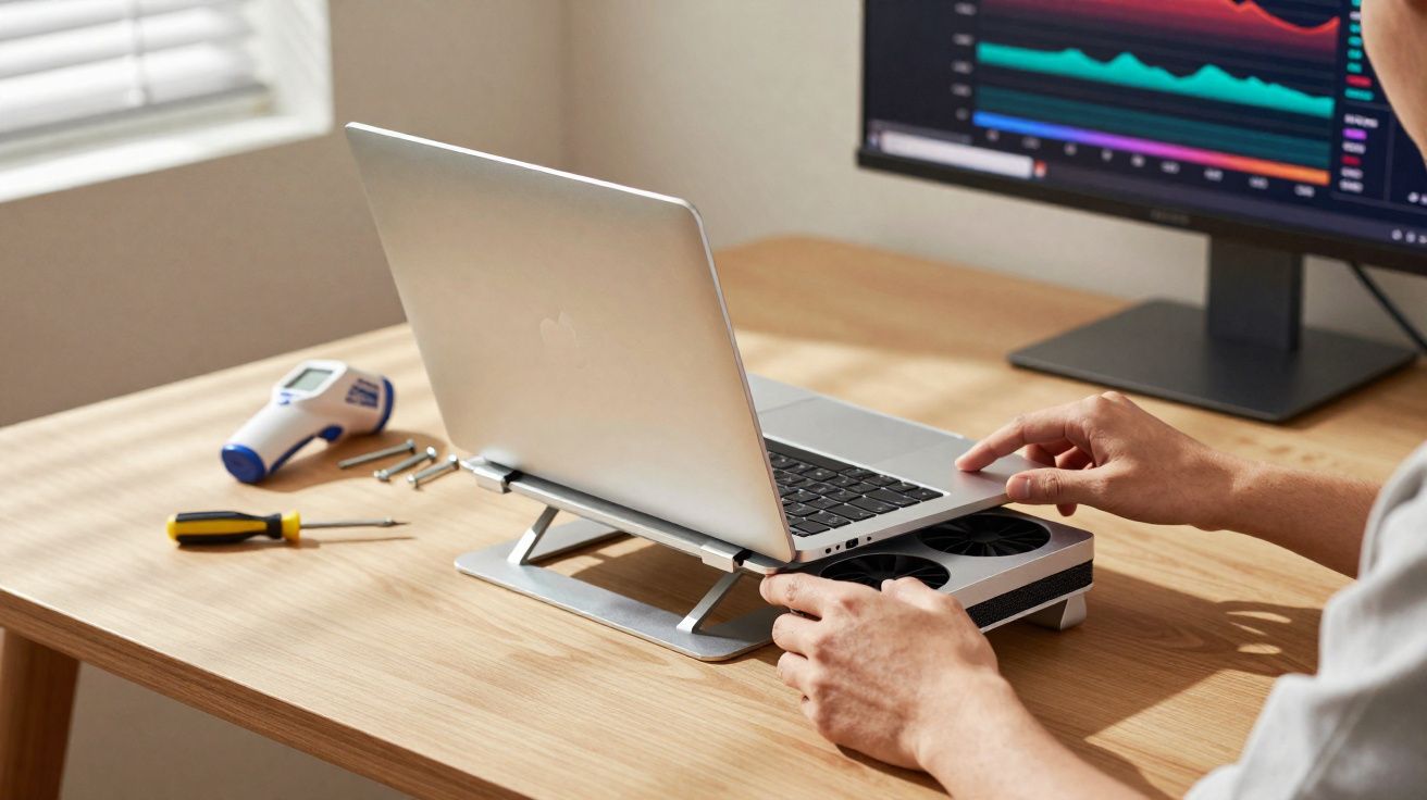 Pessoa a ajustar computador portátil num suporte numa secretária com ferramentas e monitor ao fundo.