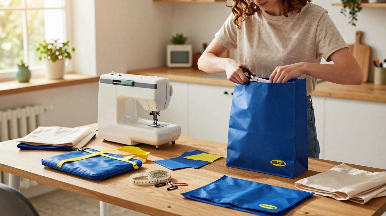 Pessoa a trabalhar numa mesa com máquina de costura e materiais azuis Ikea em ambiente luminoso e organizado.
