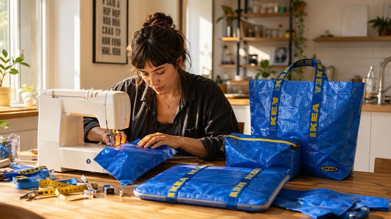 Mulher a costurar tecido azul IKEA numa máquina de costura numa cozinha bem iluminada.