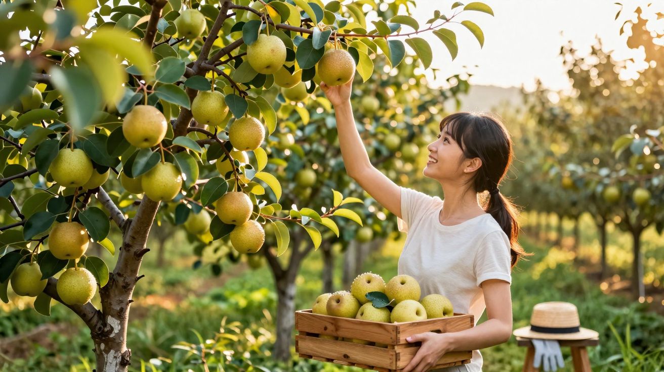 Mulher colhe peras num pomar, segurando caixa cheia de frutas maduras ao pôr do sol.
