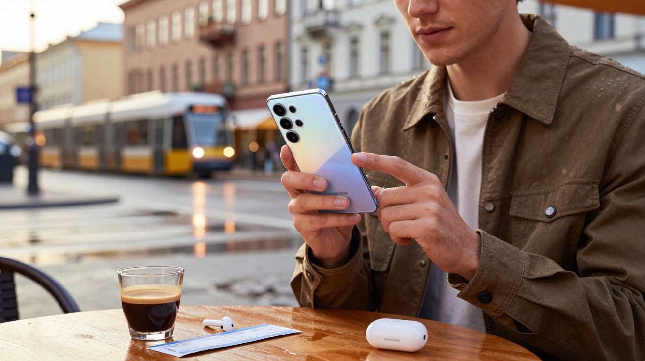 Homem sentado numa esplanada a usar telemóvel, com café, auriculares e bilhete na mesa, eléctrico ao fundo.