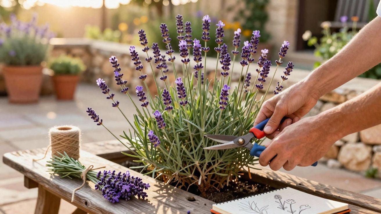 Pessoa a podar flores de lavanda num vaso, com ramo de lavanda e desenho numa mesa de madeira.