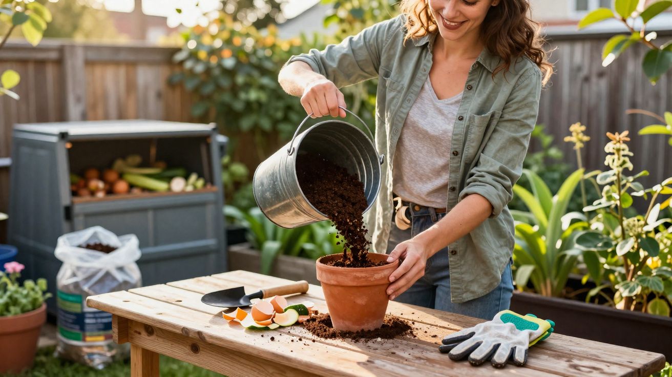 Mulher a encher vaso de barro com terra, num jardim, durante atividade de jardinagem ao ar livre.