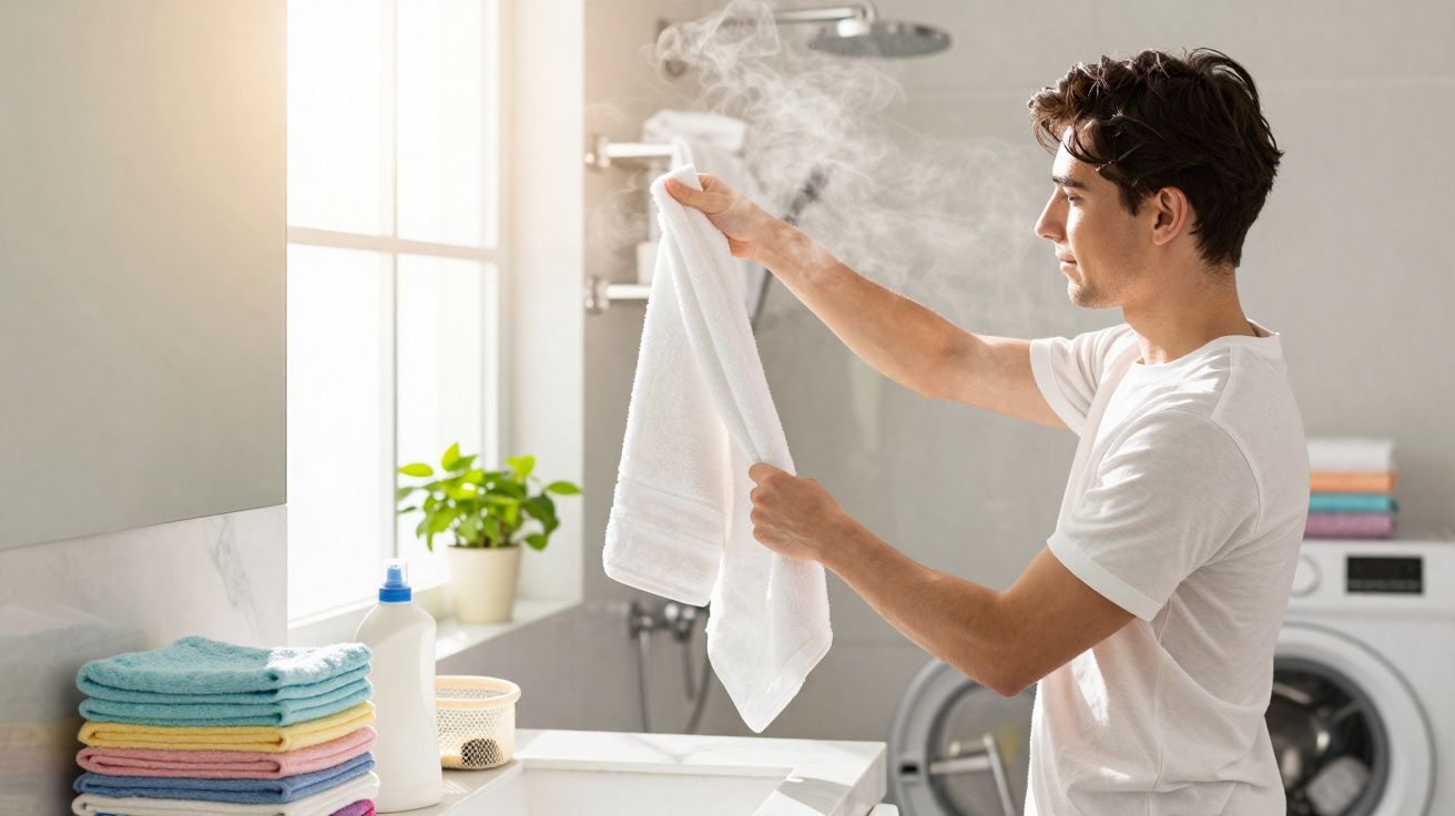 Homem a segurar uma toalha branca quente com vapor numa lavandaria iluminada pela luz natural.