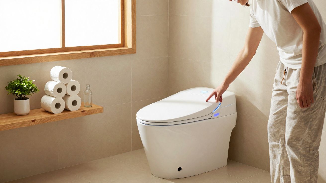 Pessoa a usar uma sanita inteligente branca numa casa de banho moderna com janela e prateleira de madeira.