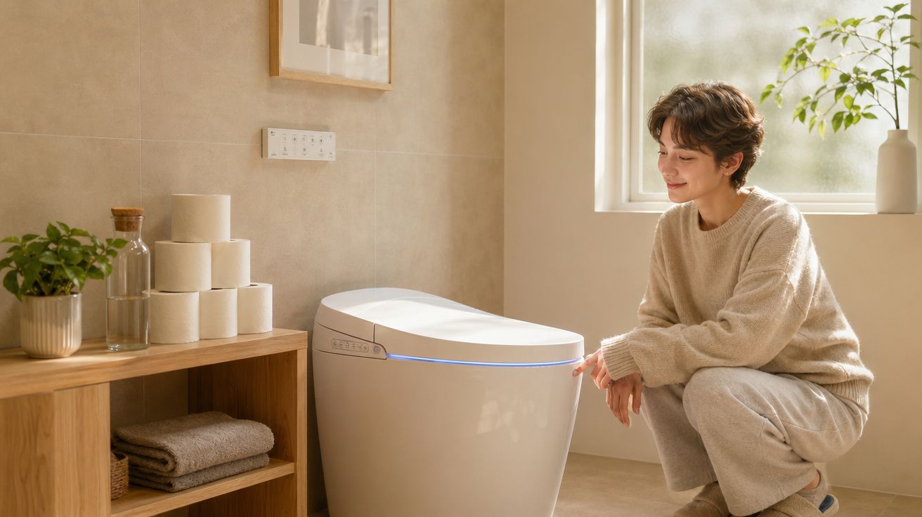 Pessoa junto a uma sanita moderna com iluminação azul numa casa de banho bem iluminada e decorada com plantas.