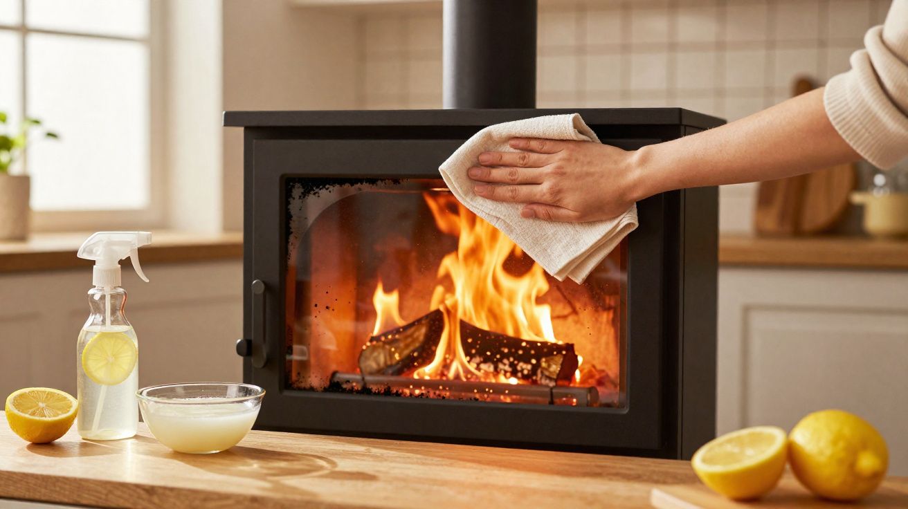 Pessoa a limpar a porta de vidro de uma lareira a lenha acesa com um pano branco e produtos de limpeza.