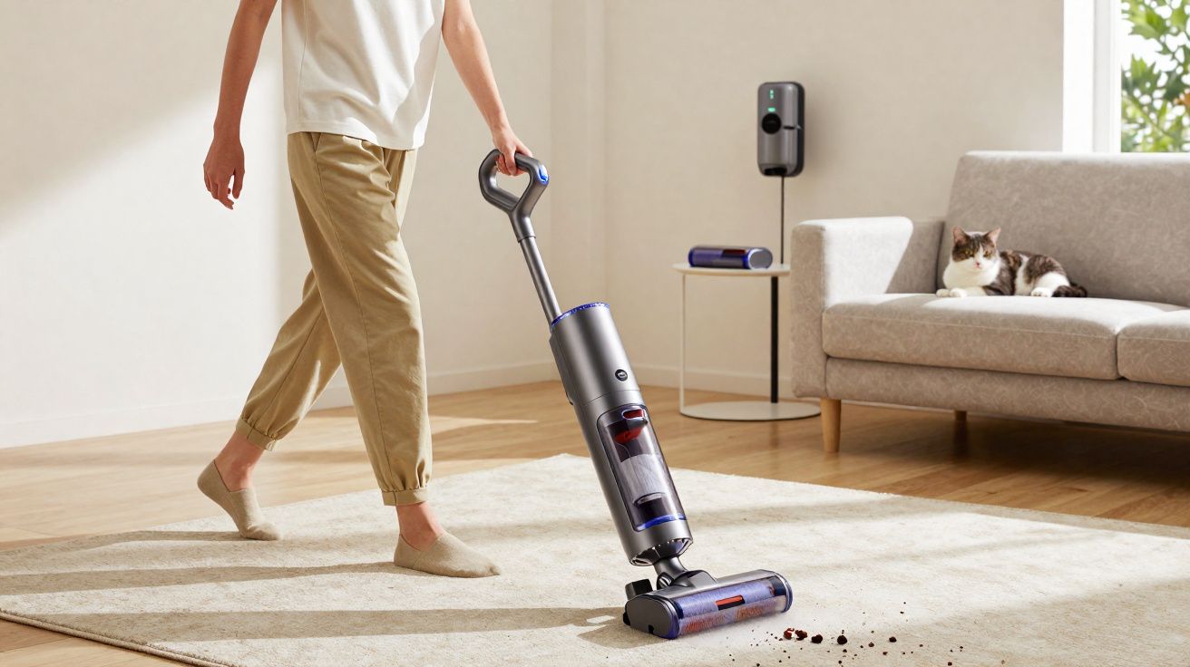 Pessoa a aspirar tapete claro numa sala com sofá cinza e gato descansando.