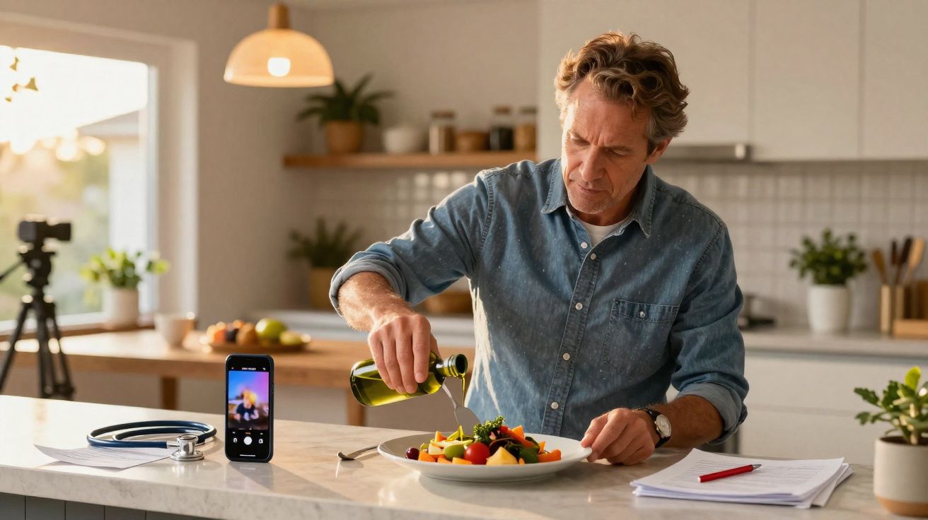 Homem a temperar salada enquanto grava vídeo de culinária numa cozinha moderna e iluminada.