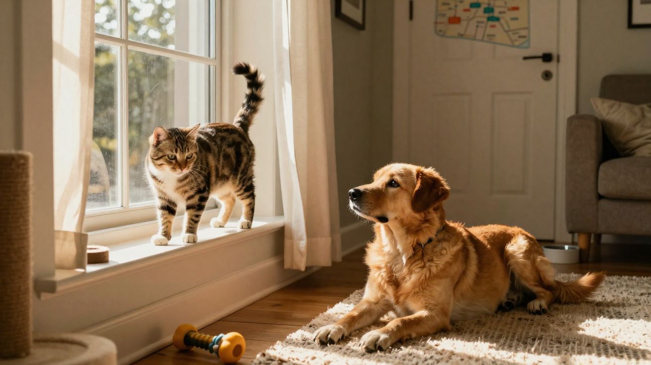 Gato na janela e cão dourado deitado num tapete numa sala iluminada pelo sol.