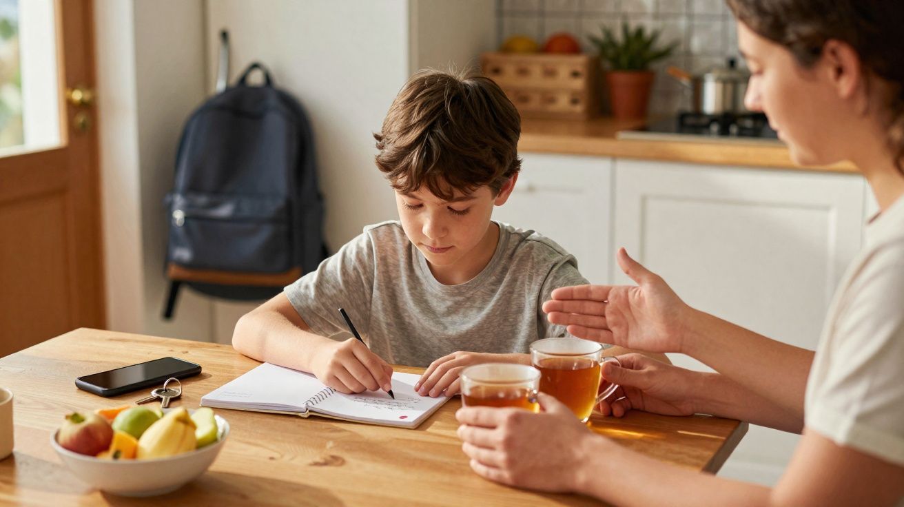Criança a fazer os trabalhos de casa enquanto adulto lhe fala, ambos sentados à mesa com chá.