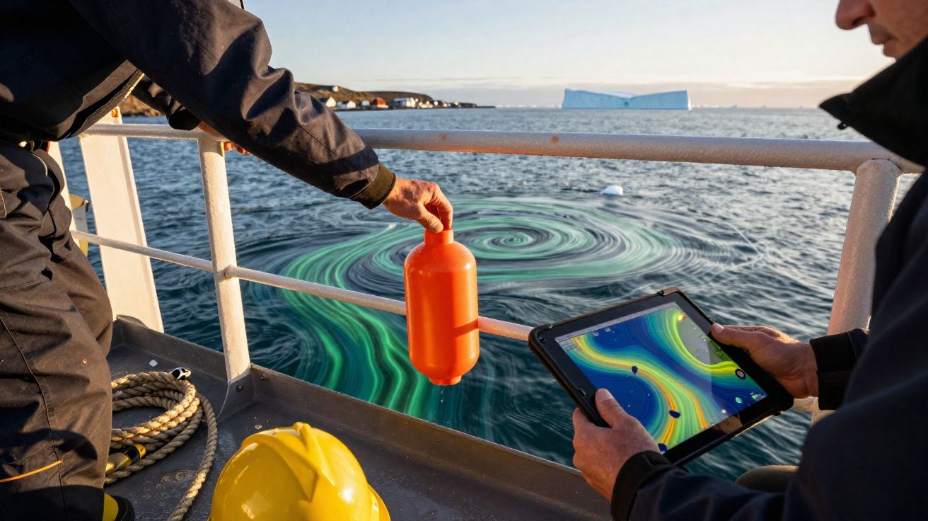 Dois cientistas a recolher uma amostra de água colorida em verde, azul e amarelo no mar, com iceberg ao fundo.
