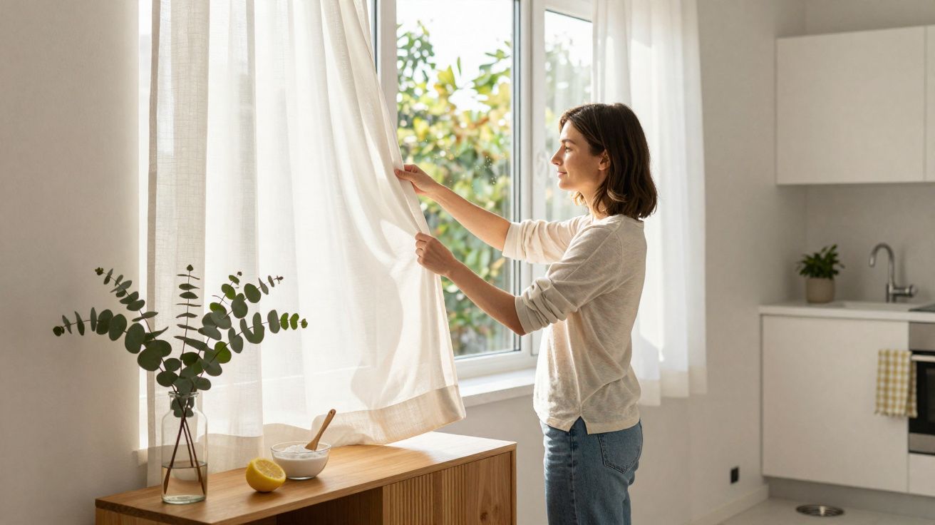 Mulher a abrir uma cortina branca numa sala iluminada com móveis minimalistas e planta numa jarra.