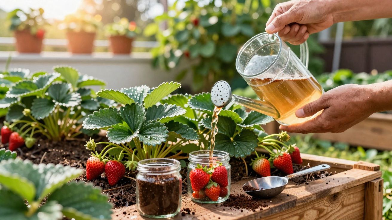 Pessoa a regar plantas de morango num vaso de madeira com regador transparente cheio de líquido castanho.