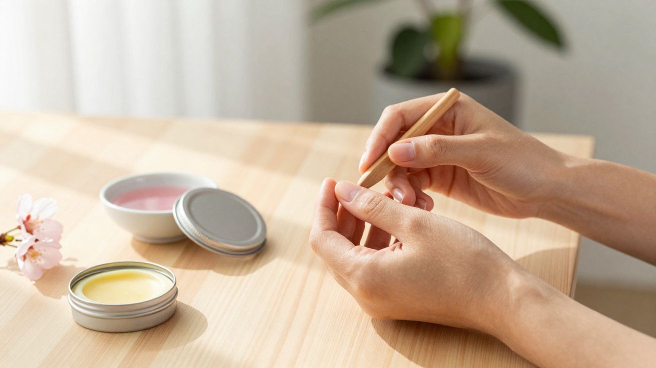 Mãos a cuidar das unhas com uma ferramenta de madeira, creme de cutículas e flor sobre mesa de madeira clara.