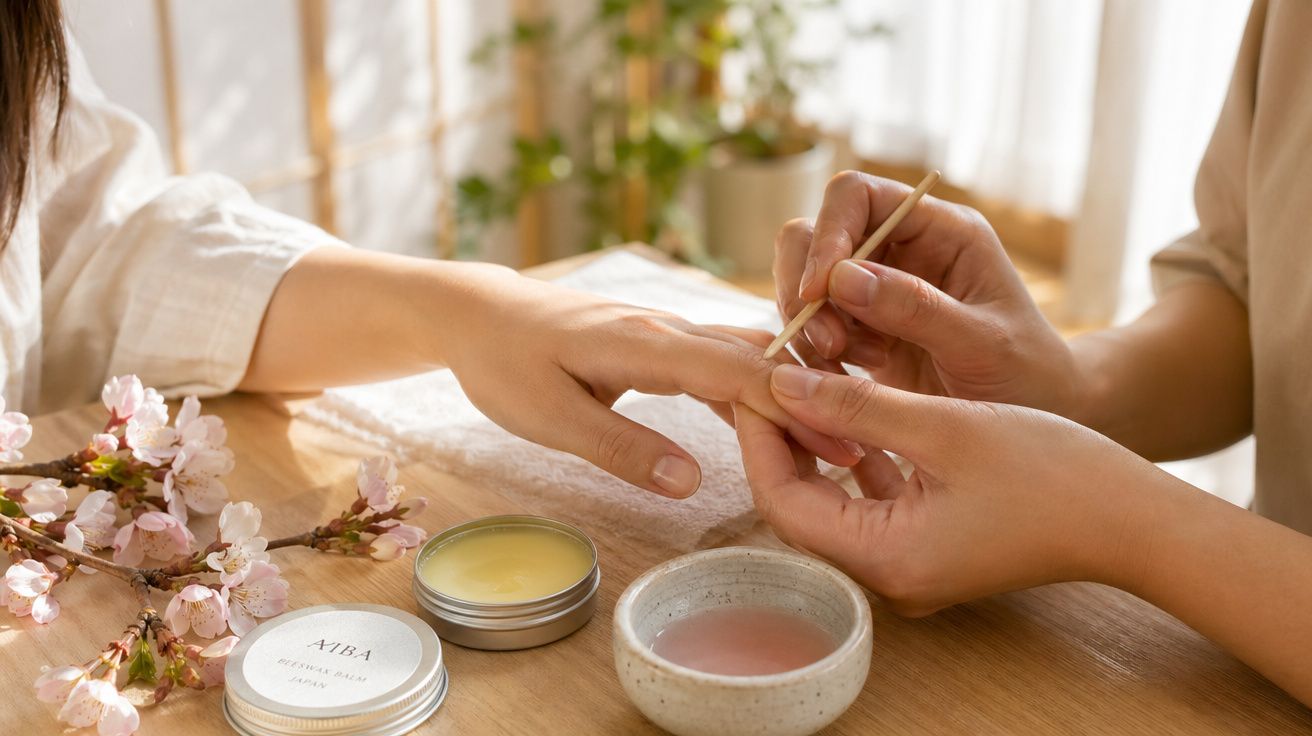 Mãos numa mesa enquanto manicure cuida das unhas com utensílios e flores decorativas ao lado.