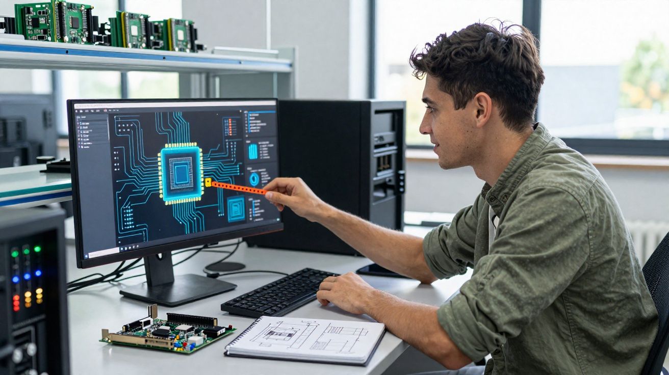 Jovem a analisar circuito integrado no monitor de computador num laboratório de eletrónica.
