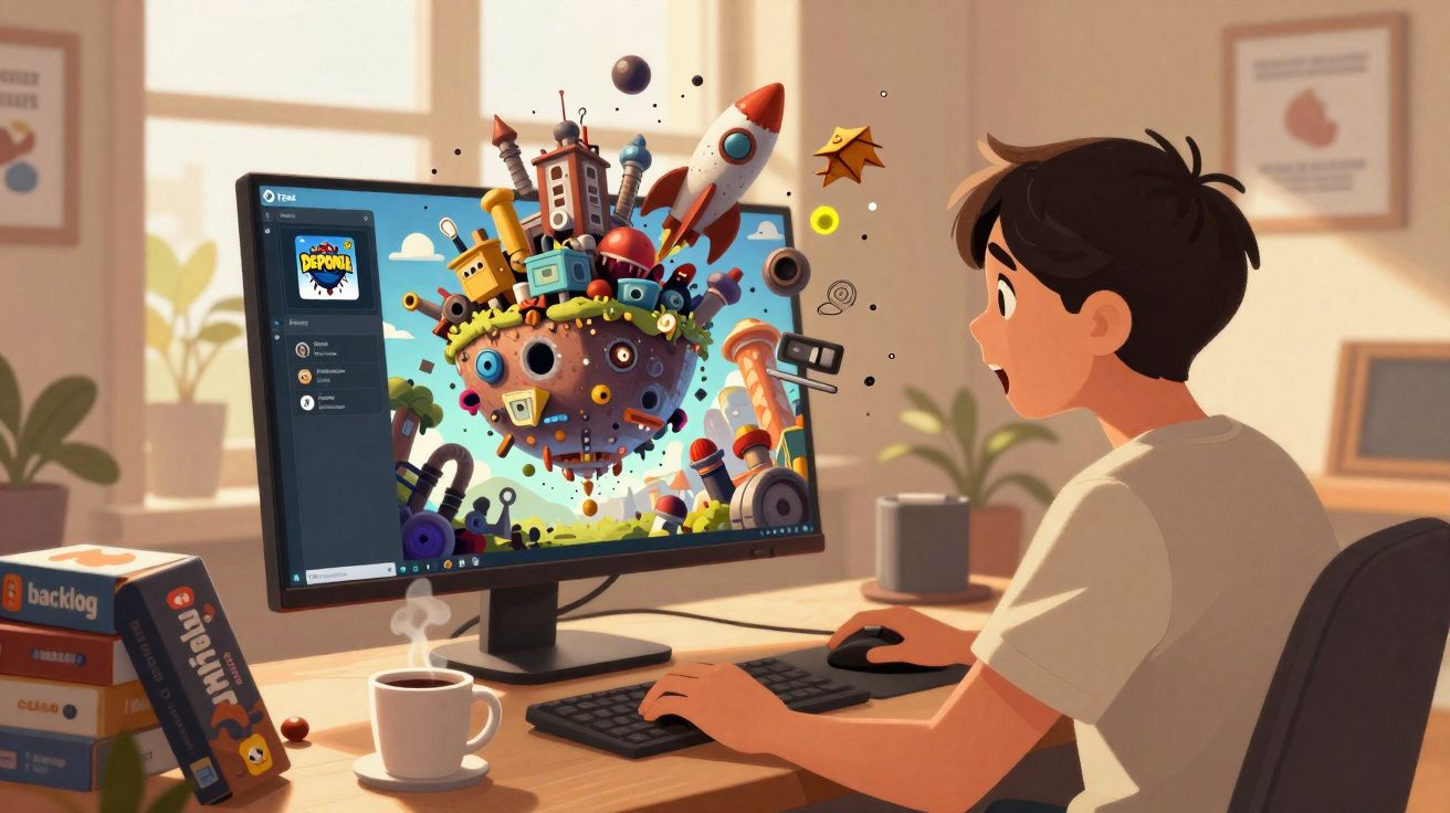 Jovem num quarto a jogar num computador, com elementos de jogo coloridos a emergir do ecrã.