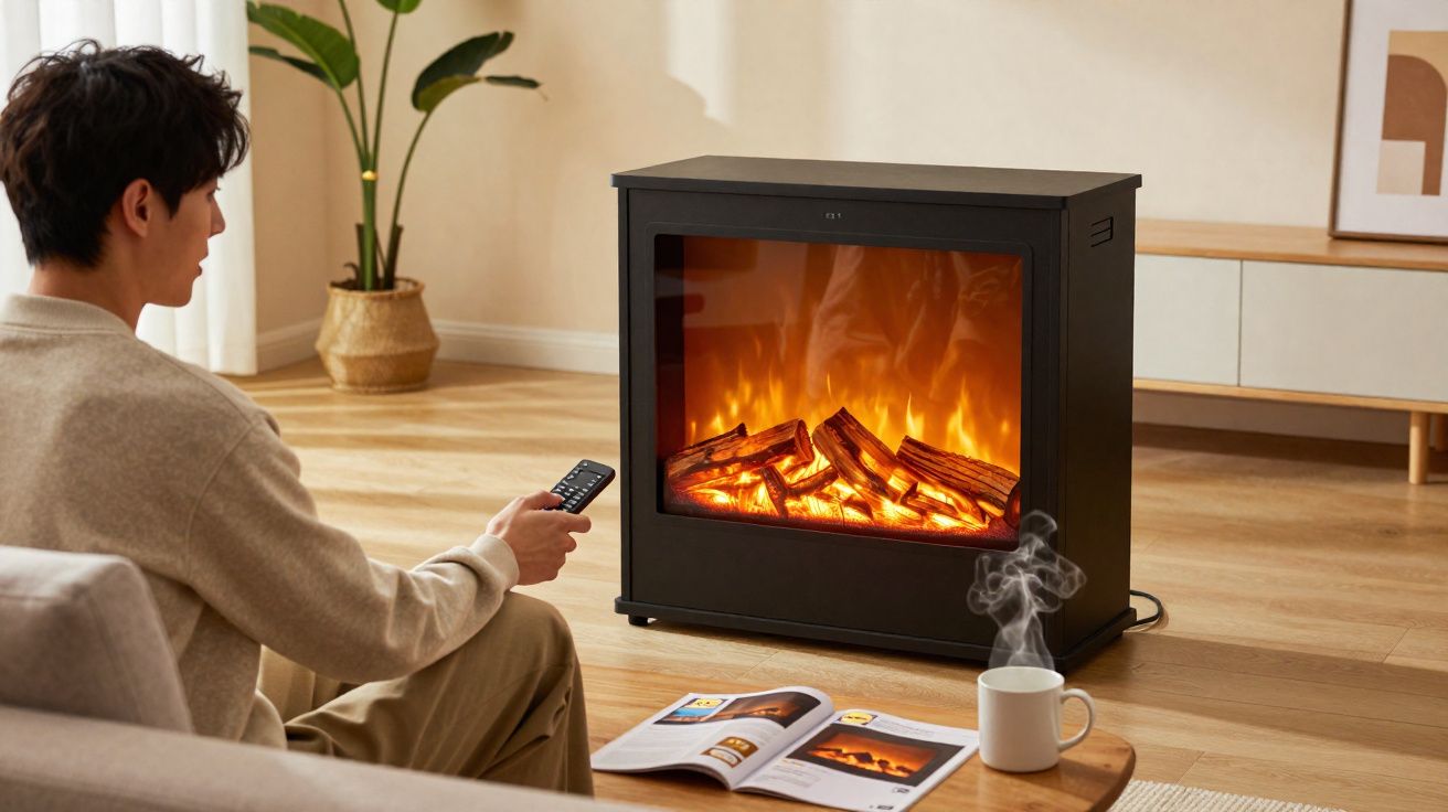 Homem sentado no chão controla lareira elétrica com comando, à frente revista aberta e chá fumegante numa mesa baixa.