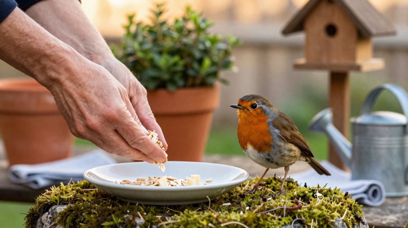Mãos a alimentar um rouxinol com sementes num prato sobre musgo, em ambiente de jardim.