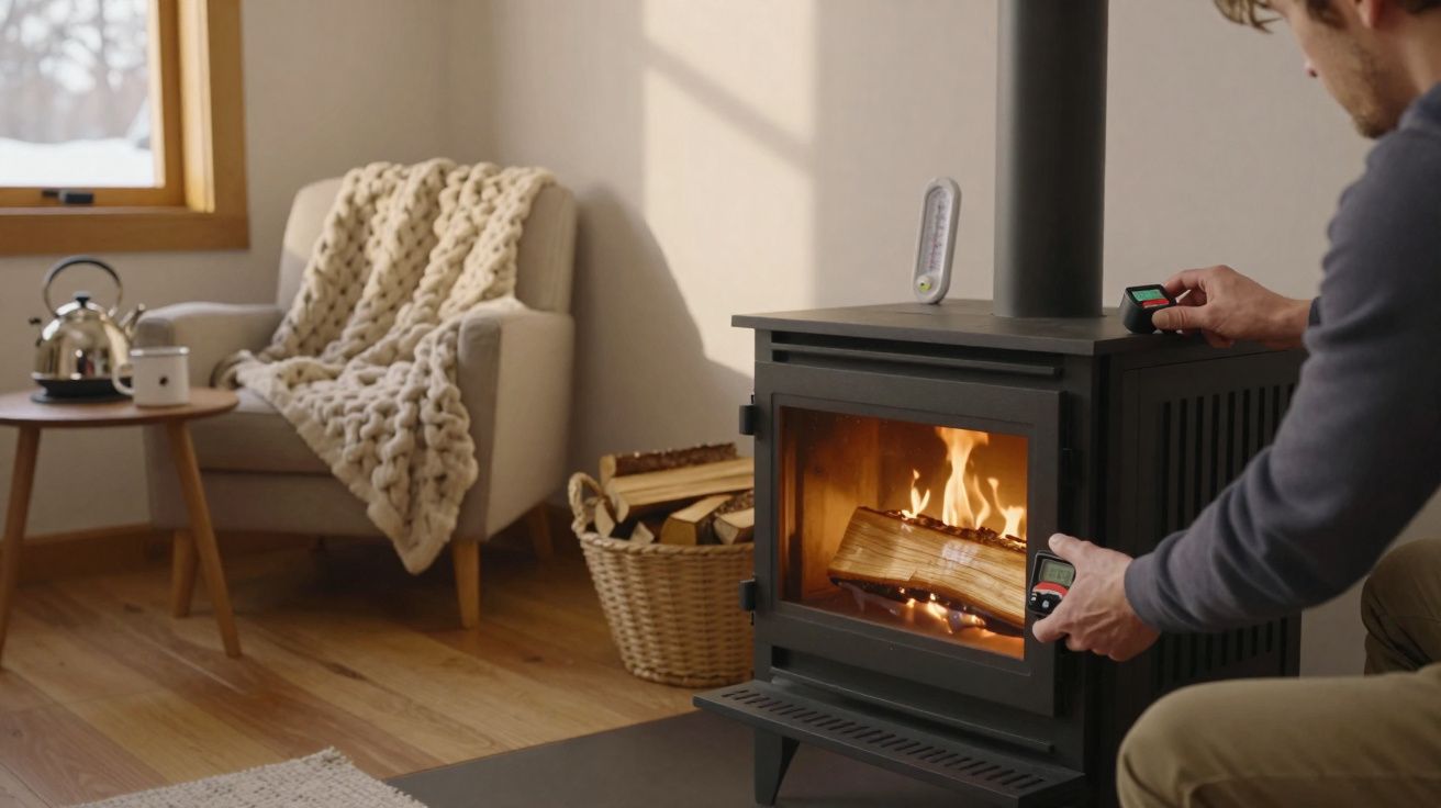 Homem ajusta termóstato de lareira a lenha numa sala aconchegante com poltrona e manta.
