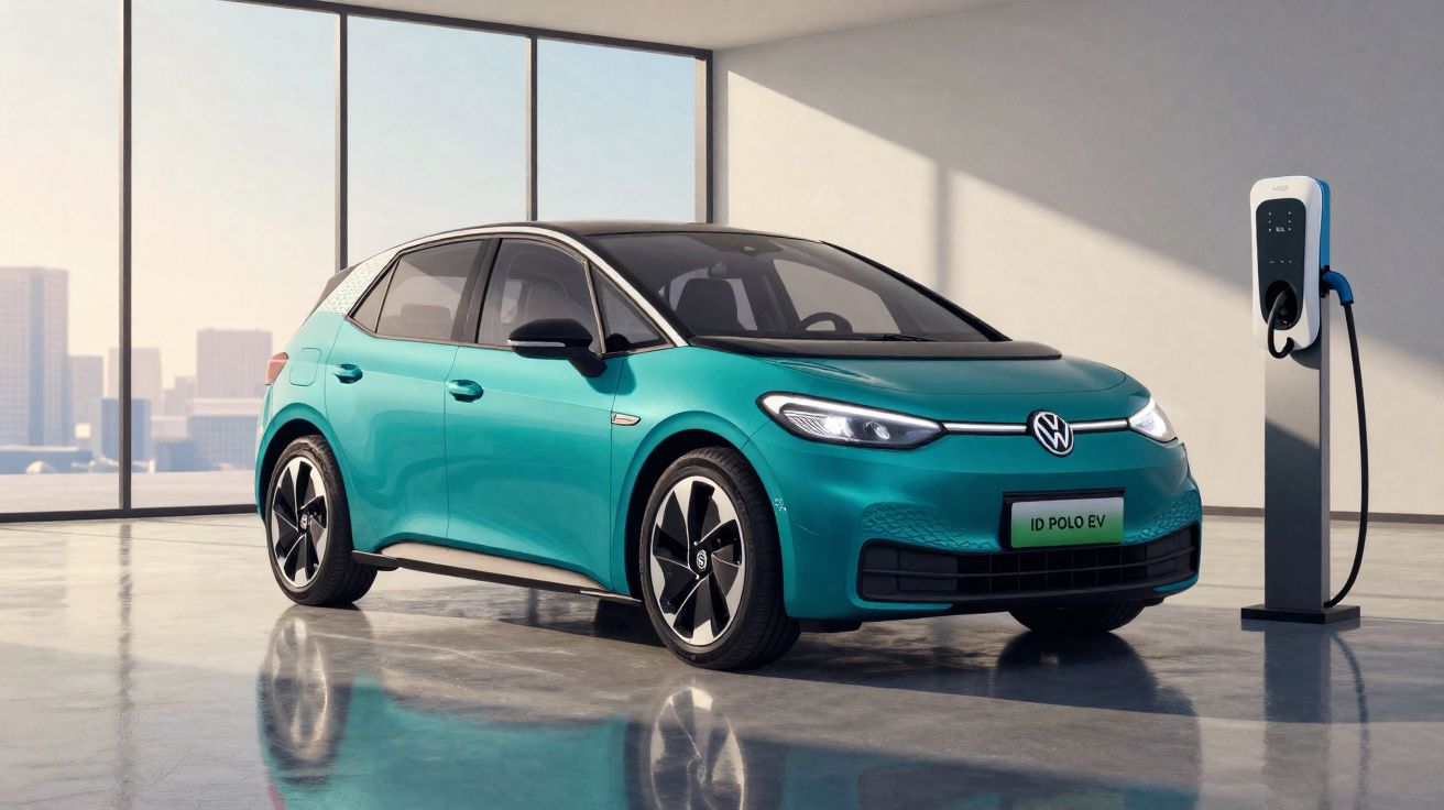 Carro elétrico Volkswagen ID. Polo EV azul em carregador dentro de garagem moderna com janelas amplas.