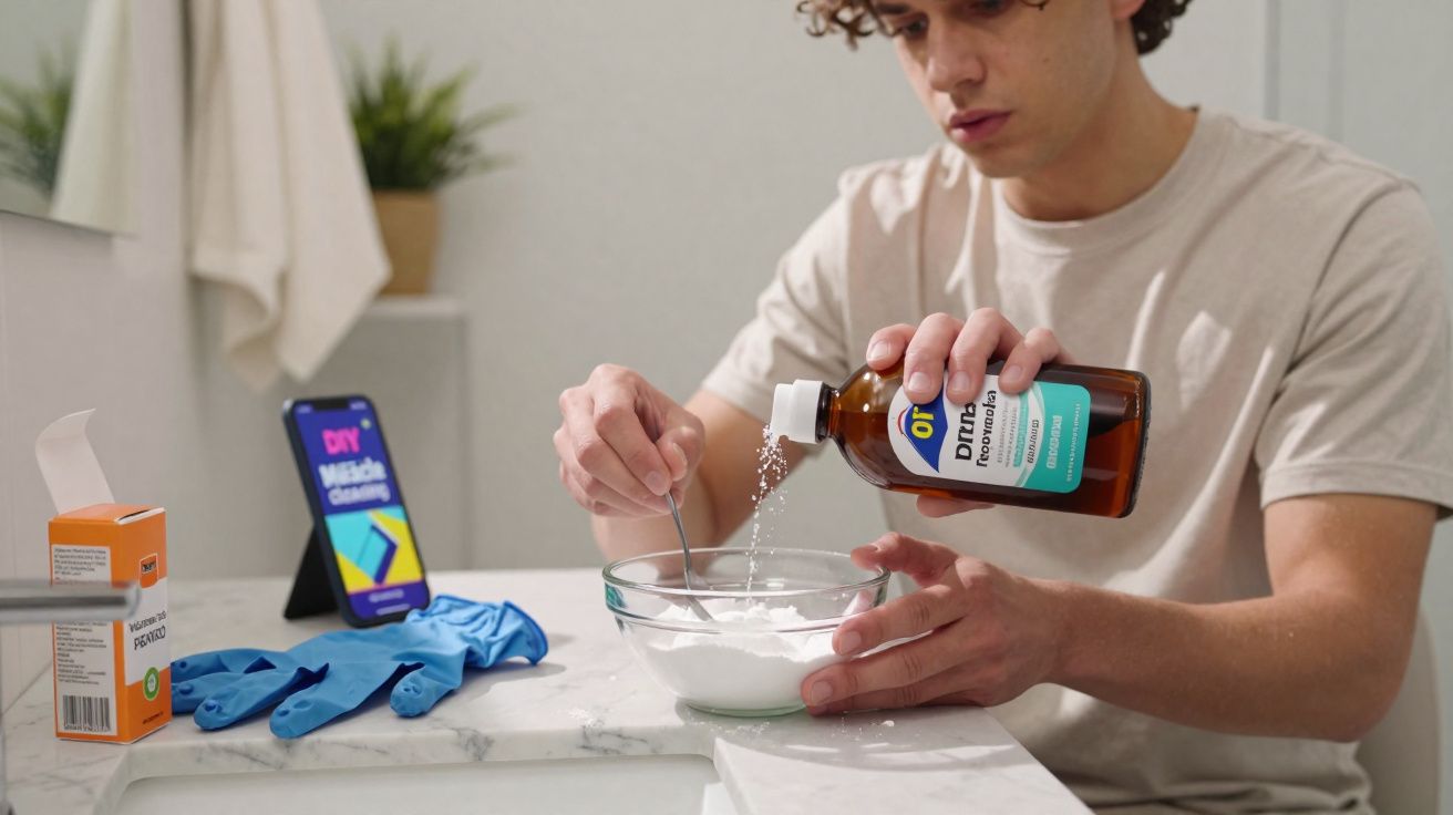 Jovem prepara mistura de limpeza caseira com bicarbonato e vinagre numa taça, seguindo instruções no telemóvel.