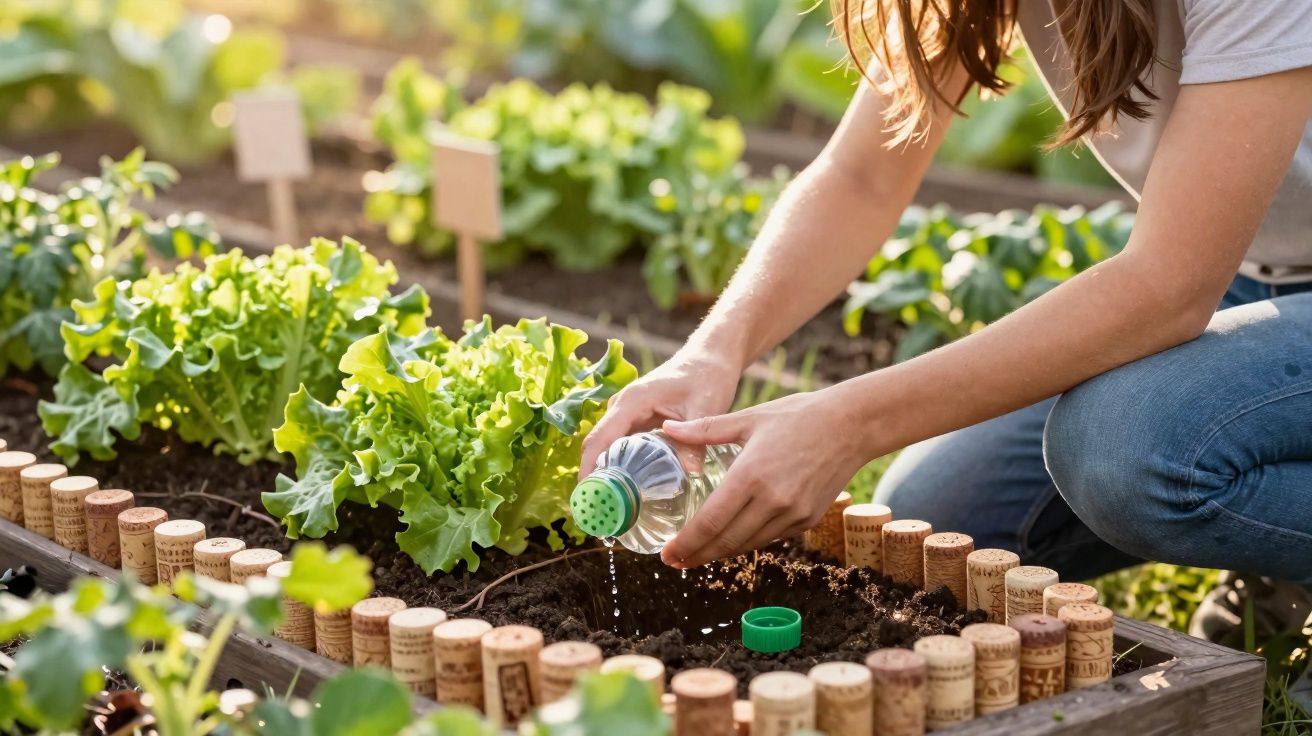 Pessoa a regar plantas numa horta urbana com folhas verdes, rodeada por rolhas de cortiça.