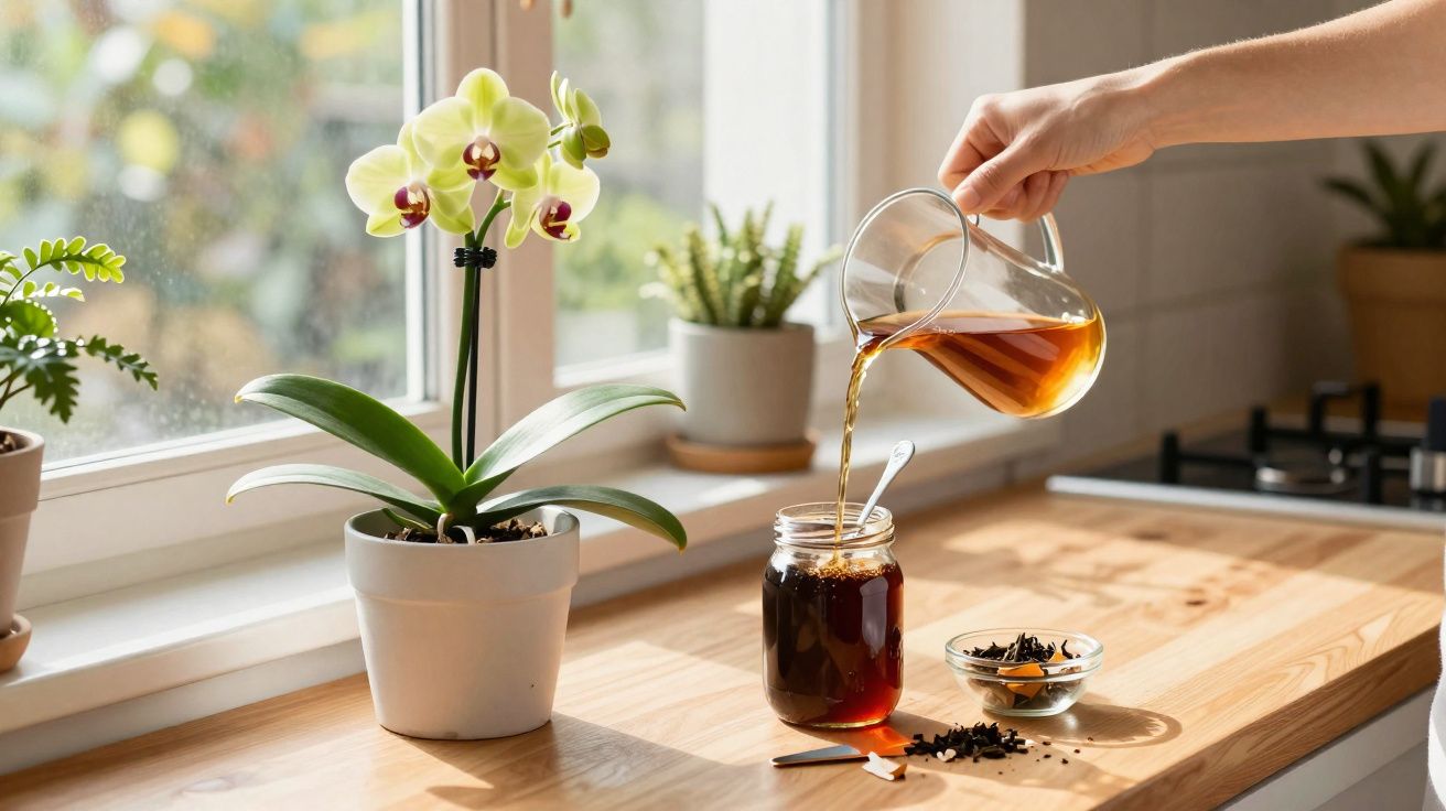 Mão a servir chá num frasco ao lado de orquídea e plantas numa bancada de cozinha iluminada pela janela.