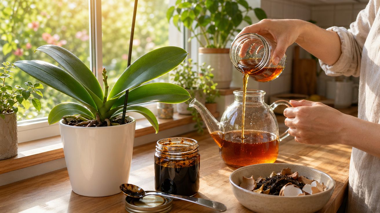 Mãos a despejar chá quente de jarro de vidro numa chaleira, ao lado de plantas e compostagem numa cozinha iluminada.