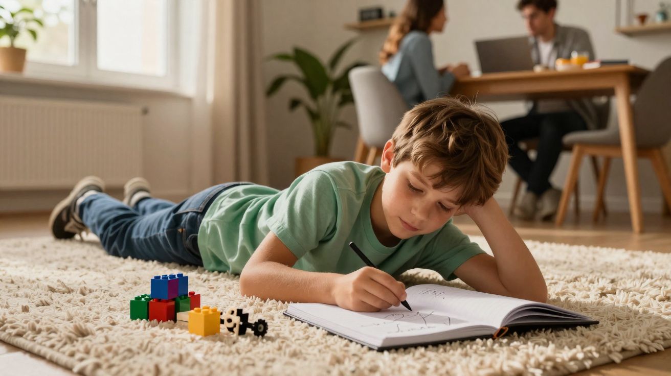 Menino deitado na sala a desenhar num caderno com blocos de construção ao lado, casal ao fundo na mesa.