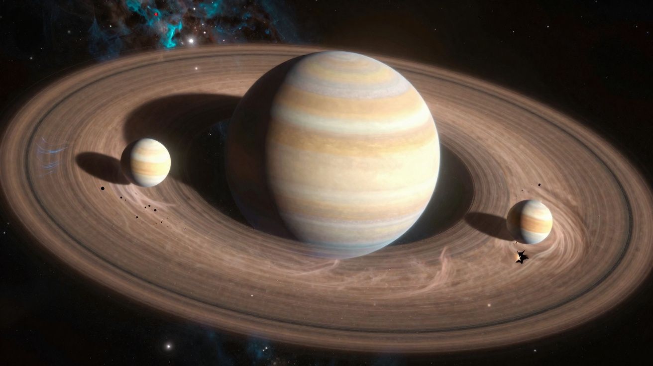 Planeta gigante com anéis e duas luas visíveis numa representação do espaço.