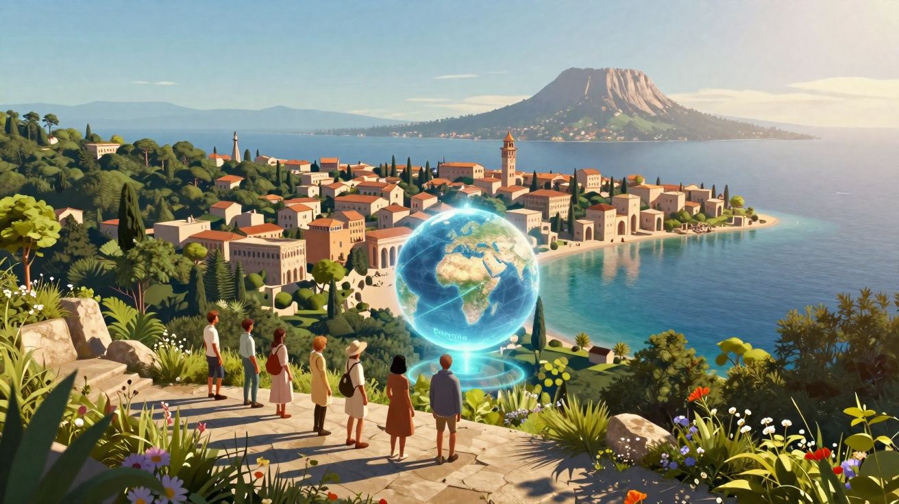 Grupo de pessoas observa holograma do globo terrestre numa aldeia costeira com montanha ao fundo.