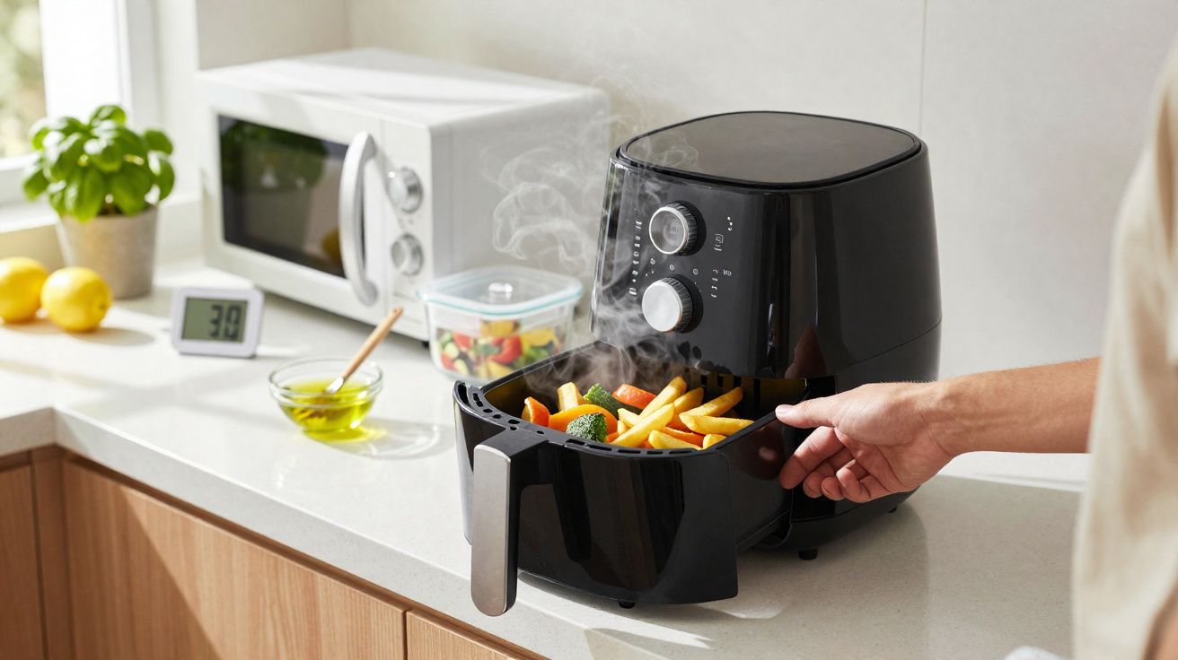 Mão a retirar tabuleiro quente de fritadeira elétrica preta com legumes e batatas fritas na cozinha moderna.