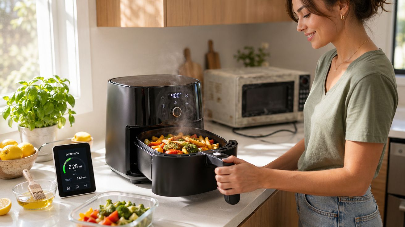 Mulher a retirar alimentos cozinhados numa fritadeira elétrica preta numa cozinha moderna.
