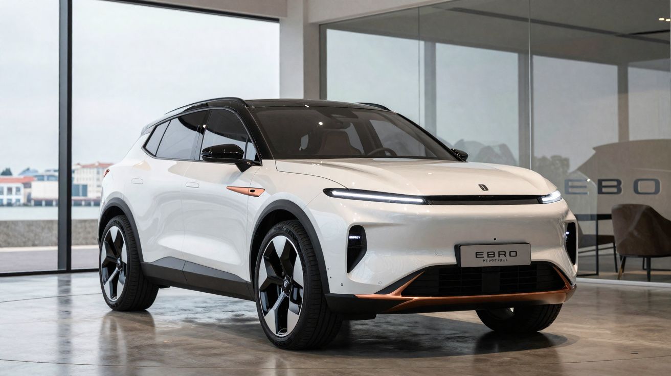 Carro elétrico branco e preto, modelo Ebro, exposto numa sala moderna com janelas amplas.