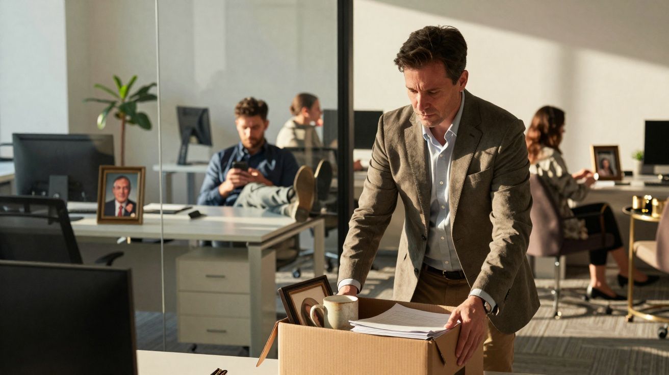 Homem a arrumar caixas com objetos pessoais numa oficina moderna com colegas ao fundo.