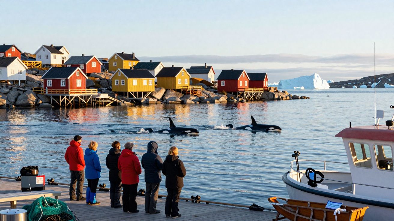 Pessoas observam orcas nadando perto de casas coloridas em palafitas junto ao mar com iceberg ao fundo.