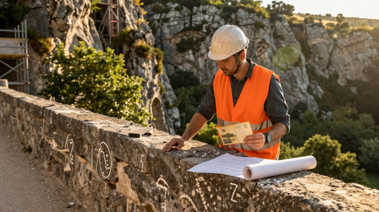 Engenheiro de construção com colete e capacete, analisando plantas e documentos junto a muralha de pedra.