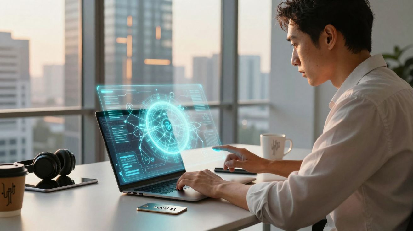 Homem a trabalhar num portátil com holograma tecnológico num escritório com vista para a cidade.