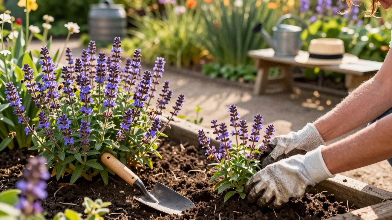 Mãos com luvas a plantar flores roxas num jardim com terra preparada e ferramenta de jardinagem.