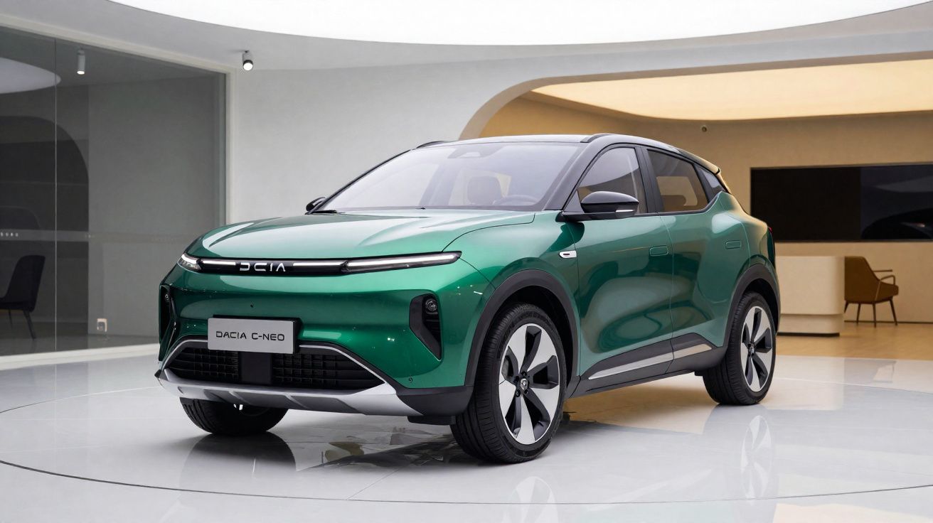 Automóvel elétrico Dacia C-Neo verde, estacionado em espaço interior moderno e minimalista.