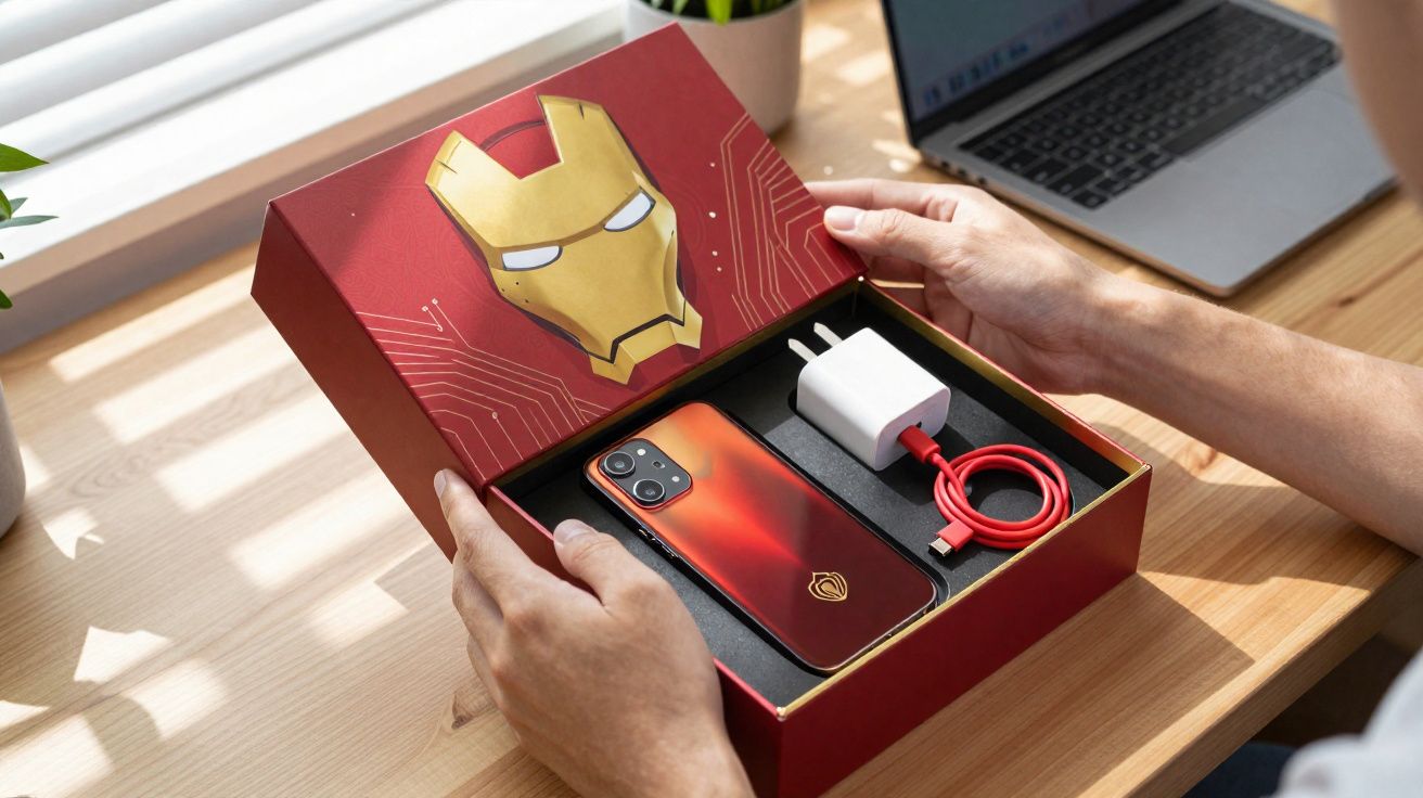 Pessoa a abrir caixa de edição especial de smartphone com tema Iron Man e acessórios na secretária.