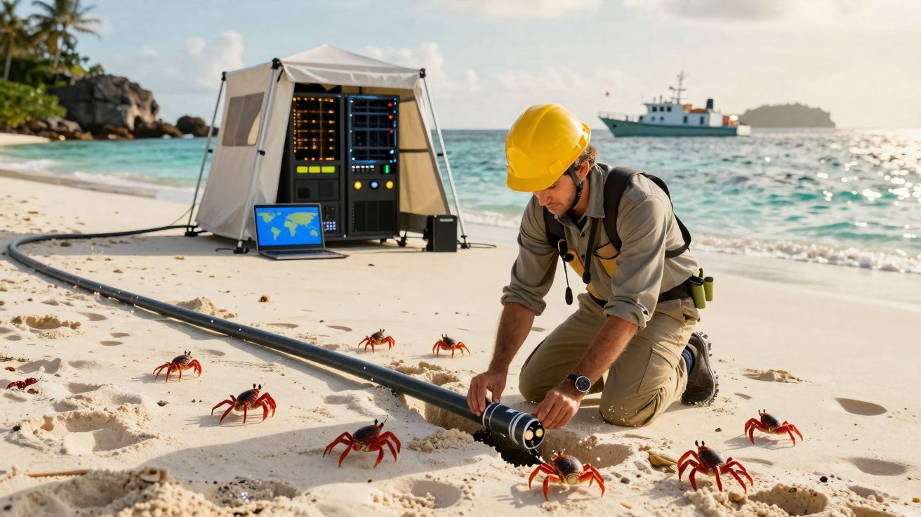 Técnico em capacete amarelo ajusta equipamento de cabos na praia com caranguejos vermelhos e mar ao fundo.