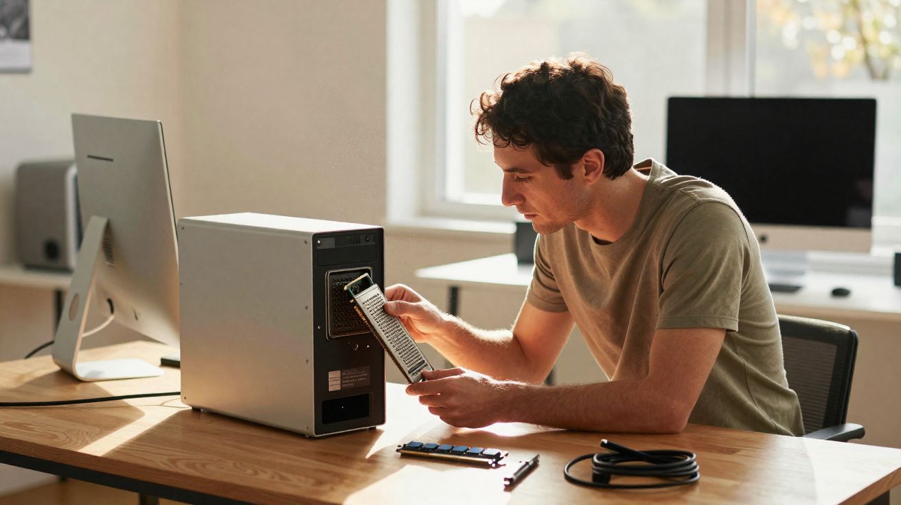 Homem a instalar uma placa de memória numa torre de computador num escritório iluminado pela luz natural.
