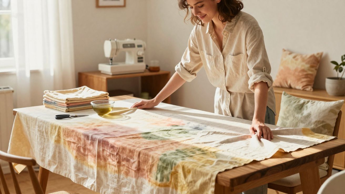 Mulher a estender tecido pintado à mão numa mesa de madeira numa sala iluminada.