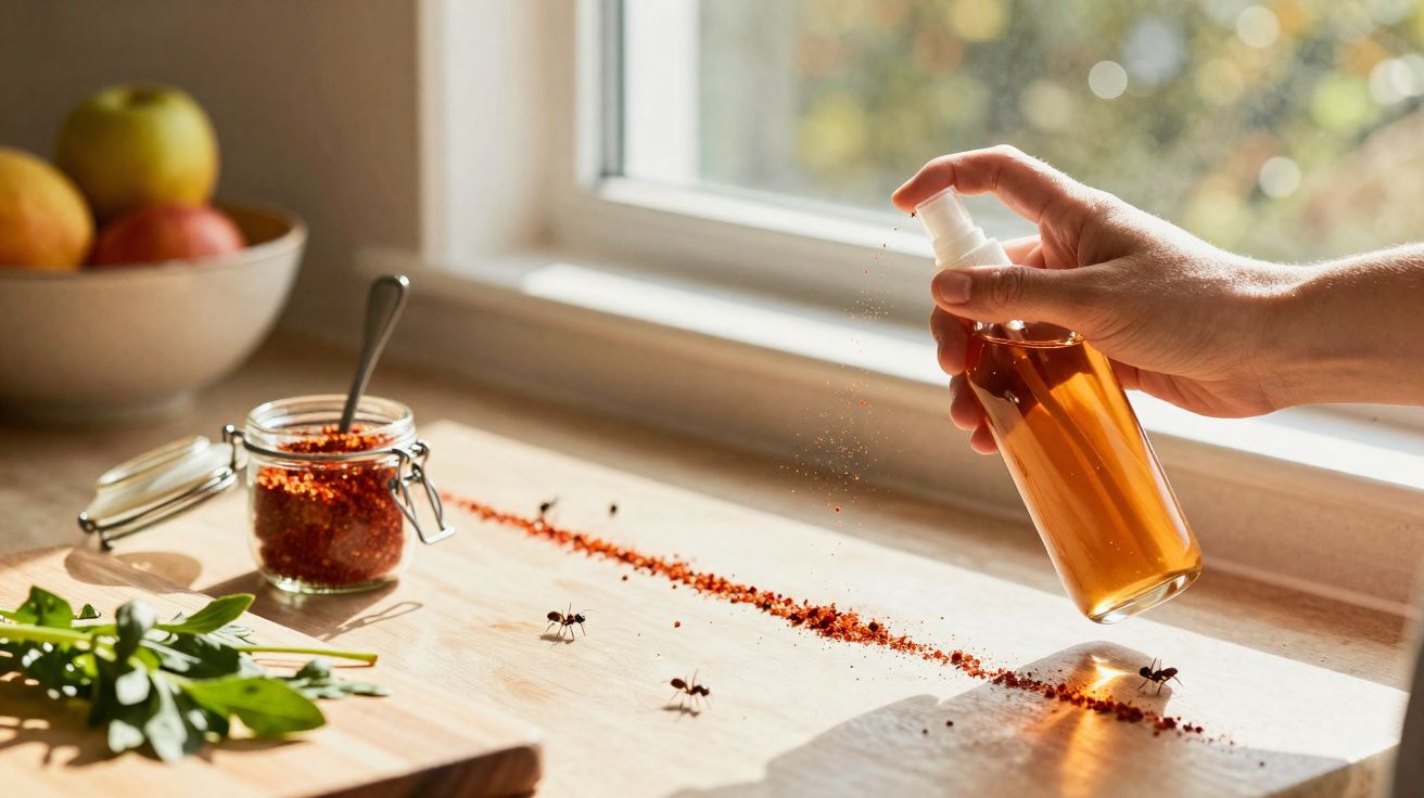 Pessoa a pulverizar líquido repelente para formigas numa superfície junto a um frasco com especiarias e folhas verdes.