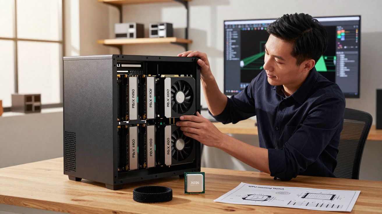 Homem a montar computador com múltiplas placas gráficas numa secretária com esquemas técnicos.